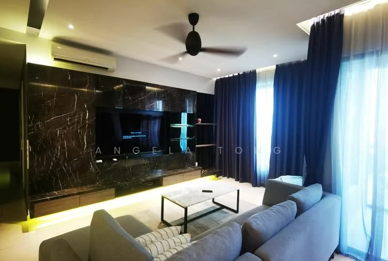 Living features: grey fabric sofa, glass coffee table, black marble feature wall, wall-mounted TV, floating shelves, floor-to-ceiling windows, sheer curtains, blackout curtains, recessed downlights, ceiling fan, light strip under TV unit, tile flooring; style: modern.