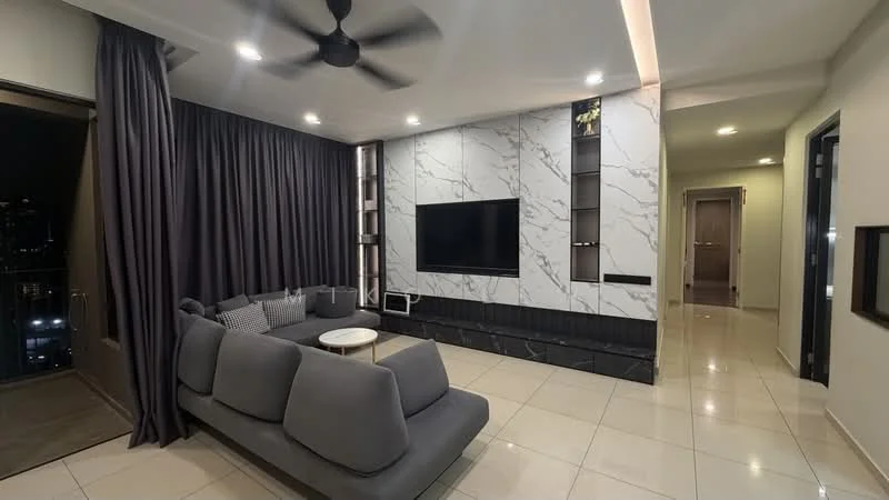 Living features: grey fabric sectional sofa, round coffee table, wall-mounted TV, marble feature wall, black stone base, floor-to-ceiling windows, dark grey curtains, recessed lighting, ceiling fan with light, tile flooring; style: modern; view: city.
