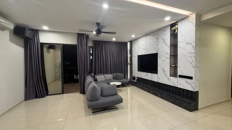 Living features: grey fabric L-shape sectional sofa, white coffee table, wall-mounted flat-screen TV, marble feature wall, black stone base below TV, floor-to-ceiling windows, sliding glass door to balcony, grey curtains, recessed LED downlights, ceiling fan with light, cream painted walls, glossy tile flooring; style: modern; view: city.