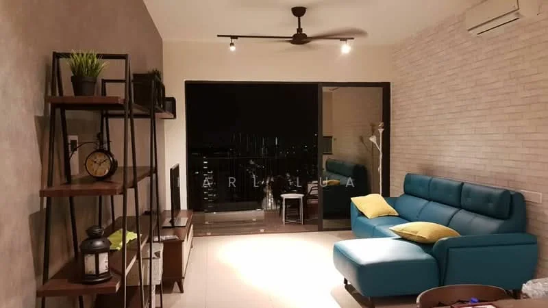 Living features: blue fabric sectional sofa, yellow accent pillow, wooden shelving unit, black wall clock, wall-mounted TV, light-colored brick accent wall, recessed downlights, ceiling fan, large sliding glass door, floor-to-ceiling windows, city skyline view, light-colored tile flooring; style: modern; view: city.