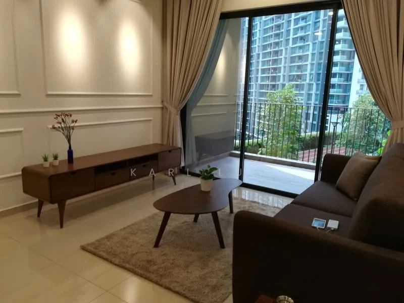 Living features: brown fabric sofa, wooden coffee table, TV console with drawers, area rug, floor-to-ceiling sliding glass door, curtains, decorative plant in pot, wall with wainscoting; style: modern; view: garden.