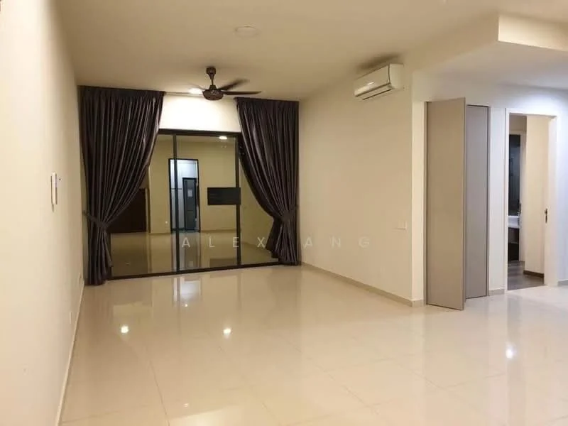 Living features: cream painted walls, polished ceramic tile flooring, 5-blade ceiling fan, wall-mounted split AC, floor-to-ceiling sliding glass door, sheer curtains, recessed downlights, open layout, neutral decor; style: modern.