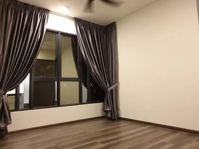 Room features: grey curtains, floor-to-ceiling windows, wooden flooring, white painted walls, ceiling fan; style: modern.
