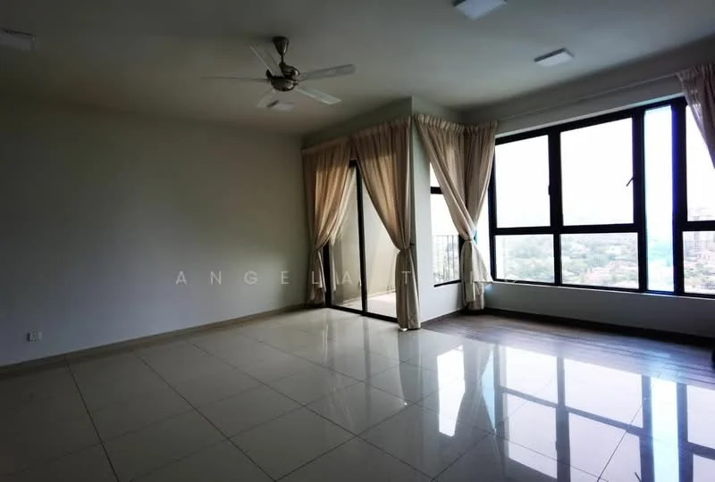 Living features: large floor-to-ceiling windows, sliding glass door, cream painted walls, white ceiling, 5-blade ceiling fan, neutral tile flooring, curtains, city view; style: modern; view: city.