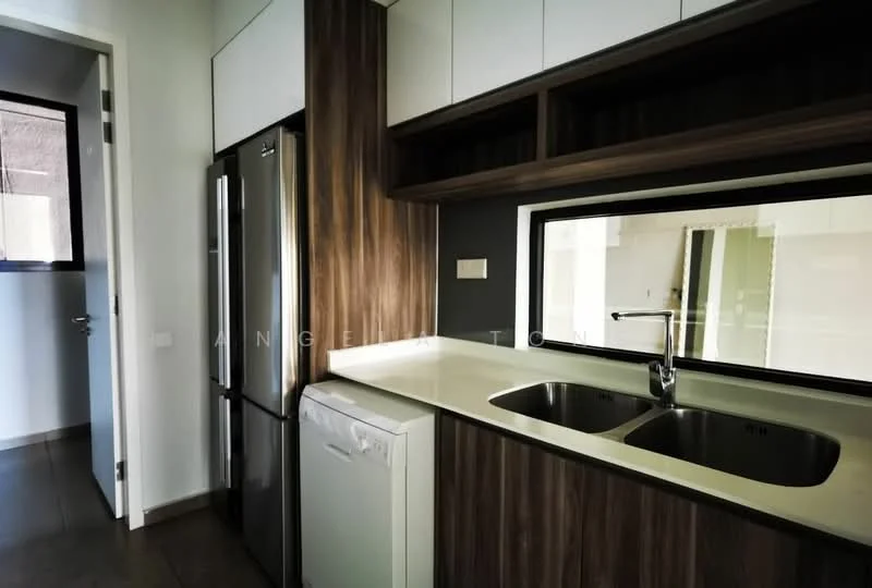 Kitchen features: double-bowl stainless-steel sink, chrome pull-down faucet, white countertop, wood cabinetry, stainless-steel fridge, built-in dishwasher, tile flooring, window above sink, open shelving, modern design; style: modern.