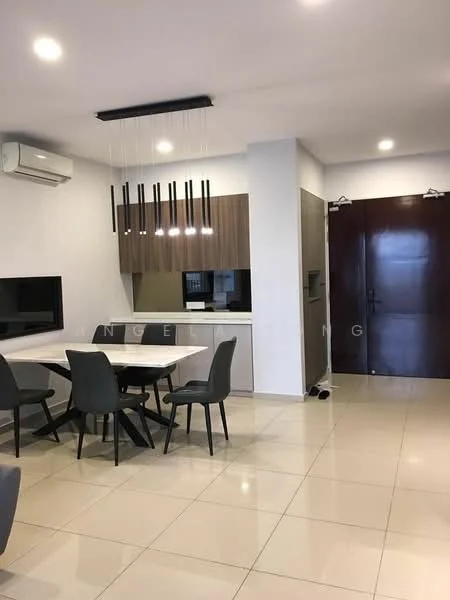 Dining features: 4-seater dining table, grey upholstered dining chairs, wall-mounted TV, built-in cabinetry with wood finish, recessed LED downlights, 1 wall-mounted split AC, cream tiled flooring, dark wood front door, pendant lighting above table; style: modern.