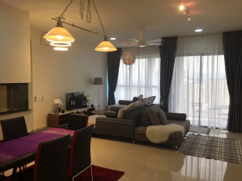 Living features: 3-seater grey fabric sofa, 2-seater grey fabric sofa, coffee table, TV console, wall-mounted TV, area rug with geometric pattern, 5-blade ceiling fan with light, pendant lighting, floor-to-ceiling windows, sheer curtains, dark grey curtains, decorative wall art, laminate flooring; style: modern; view: city. Dining features: 6-seater dining table, black dining chairs, table runner, pendant lighting; style: modern.