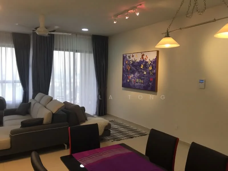 Living features: 3-seater fabric sofa in grey, 2-seater leather sofa, coffee table, area rug with geometric pattern, floor-to-ceiling windows, sheer curtains, recessed LED downlights, 5-blade ceiling fan, wall-mounted artwork, dining table with black chairs, purple table runner; style: modern; view: city.