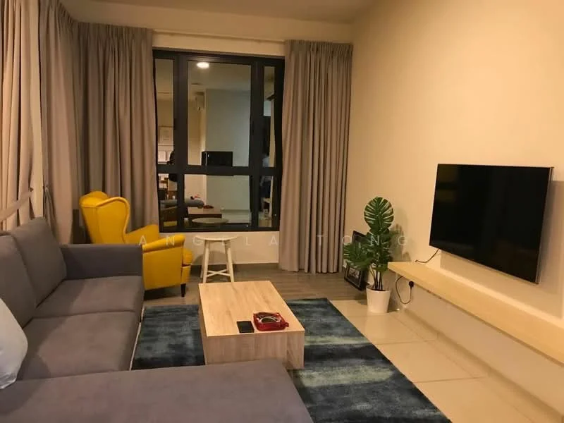 Living features: grey fabric sofa, yellow accent chair, wooden coffee table, area rug with geometric pattern, wall-mounted TV, light-colored feature wall, floor-to-ceiling windows with sheer curtains, potted plant, recessed lighting, laminate flooring; style: modern.