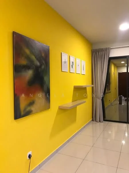 Room features: yellow painted walls, glossy tile flooring, framed artwork, floating shelf, curtains, glass sliding door, wall-mounted light fixture; style: modern.