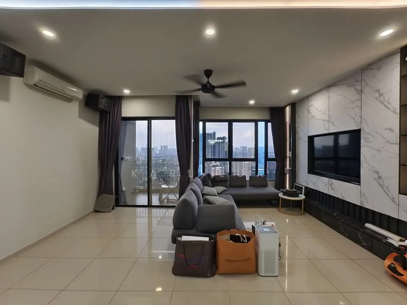 Living features: grey L-shape sectional sofa, marble feature wall, wall-mounted TV, floor-to-ceiling windows, sliding glass door, curtains, recessed LED downlights, 5-blade ceiling fan, cream tiled flooring, air conditioning unit, decorative coffee table, open shelving unit; style: modern; view: city.