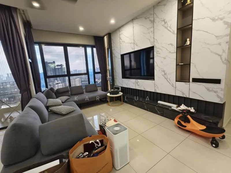 Living features: L-shape sectional sofa in grey, marble feature wall, wall-mounted TV, black cabinetry, large floor-to-ceiling windows, curtains, tile flooring, decorative items on shelves, coffee table, air purifier, children's scooter; style: modern; view: city.