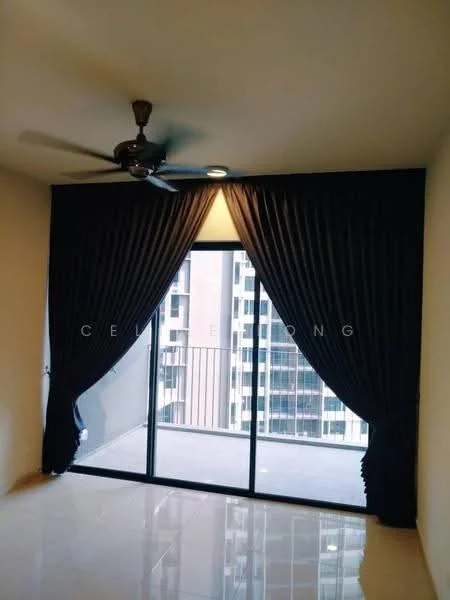 Room features: floor-to-ceiling sliding glass door, blackout curtains, 5-blade ceiling fan, cream painted walls, glossy tile flooring, balcony view, recessed downlights; style: modern; view: city.