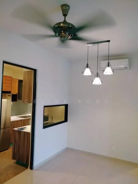 Living features: ceiling fan with light, 3 pendant lights, wall-mounted split AC, light-colored walls, tile flooring, window opening to kitchen, neutral decor, open layout; style: modern.