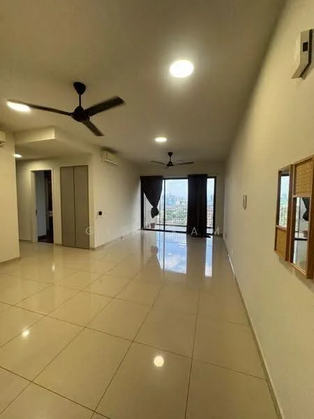 Living features: white painted walls, glossy ceramic tile flooring, 2 ceiling fans, recessed downlights, floor-to-ceiling windows, sliding glass door, blackout curtains, view of city skyline; style: modern; view: city.