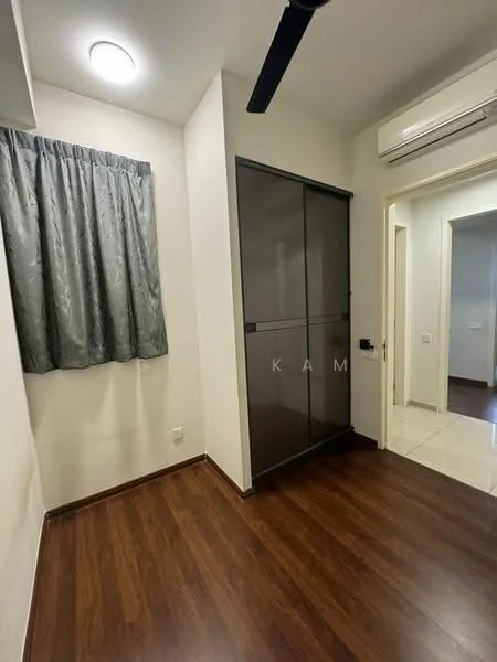 Room features: wooden flooring, white painted walls, grey curtain, built-in wardrobe with sliding doors, ceiling light, wall-mounted air conditioning unit, doorway leading to another room; style: modern.