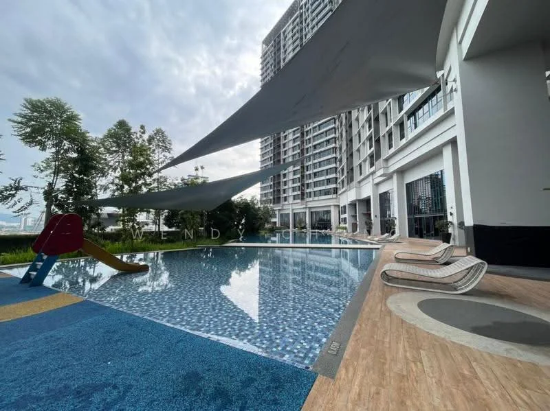Exterior type: high-rise condominium; features: infinity pool, pool deck with loungers, water slide, landscaped garden, shade sails, tiled pool surface, surrounding greenery, modern architecture, glass facade, outdoor seating area; style: modern.