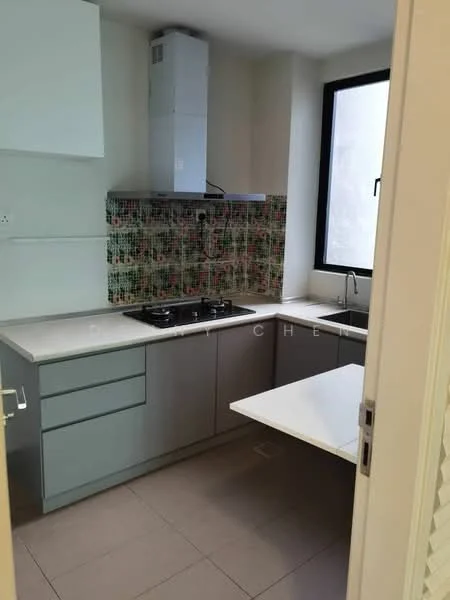 Kitchen features: grey cabinetry, white countertop, gas stove with two burners, stainless-steel sink, chrome faucet, decorative tile backsplash with floral pattern, ventilation hood, large window for natural light, tile flooring; style: modern.