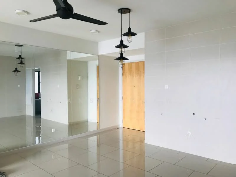 Room features: large wall mirror, white tiled walls, cream tiled flooring, black ceiling fan, hanging pendant lights, wooden door, recessed ceiling lights; style: modern.