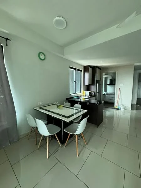 Dining features: white dining table, 4 white chairs with wooden legs, grey curtains, wall clock, tile flooring, kitchen cabinetry in dark wood, stainless-steel fridge, built-in oven, microwave, kitchen countertop, open layout to kitchen, large windows for natural light; style: modern.