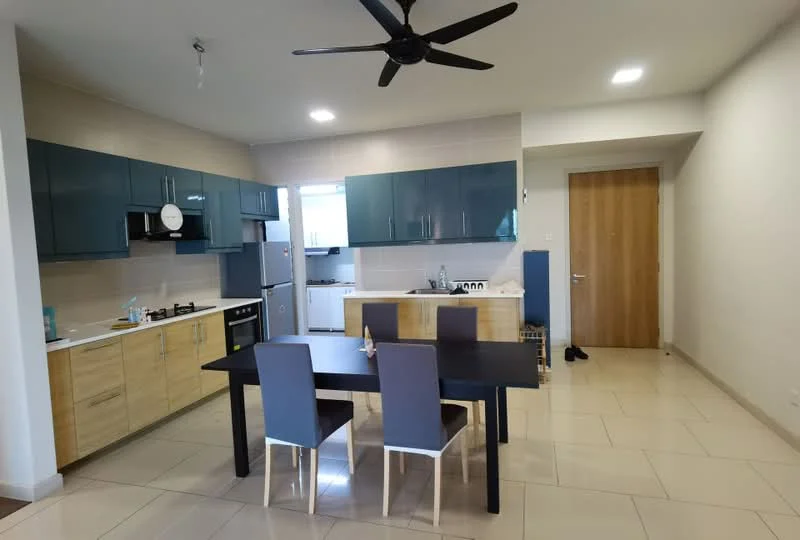Kitchen features: blue cabinetry with wood accents, white tiled backsplash, stainless-steel sink, chrome pull-down faucet, 4-burner gas hob, built-in oven, refrigerator, black dining table, 4 upholstered dining chairs, wall-mounted ceiling fan, tile flooring, window with natural light, open layout to dining area; style: modern.