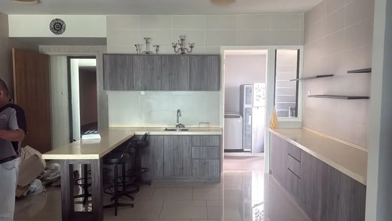 Kitchen features: grey laminate cabinetry, light-colored countertop, single-bowl stainless-steel sink, chrome pull-down faucet, bar seating with black stools, built-in refrigerator, open shelving, tile backsplash, ceramic tile flooring, recessed downlights, wall-mounted cabinets, window above sink; style: modern.