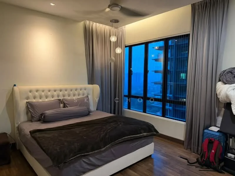 Bedroom features: king-size bed with upholstered headboard, grey bedding, wooden flooring, floor-to-ceiling windows, sheer curtains, dark grey accent wall, 3-blade ceiling fan, pendant lighting, built-in wardrobe, decorative throw pillows; style: modern; view: city.