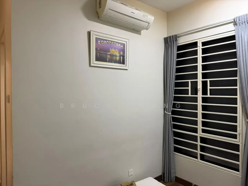 Room features: white painted walls, wooden flooring, 1 wall-mounted split AC, sliding window with security bars, curtains, framed artwork.