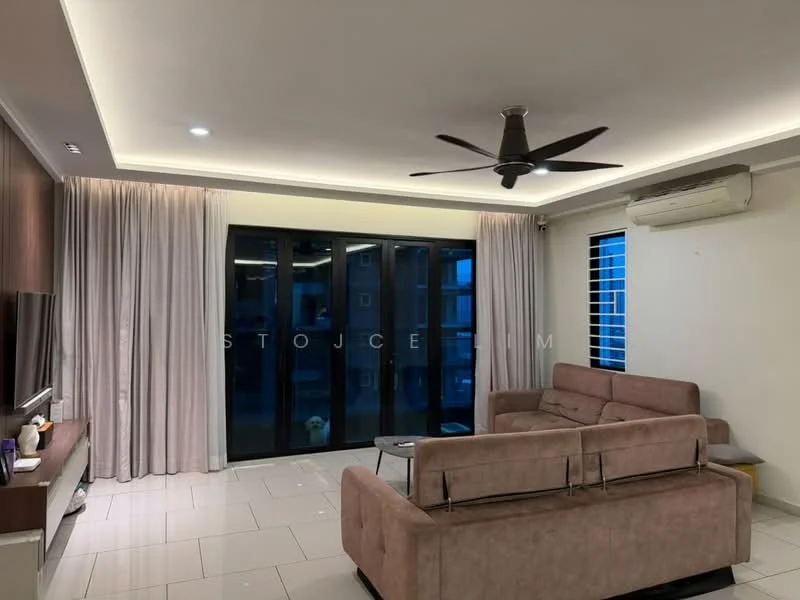 Living features: 3-seater fabric sofa in light beige, coffee table, wall-mounted TV, TV console, floor-to-ceiling windows, sheer curtains, recessed LED downlights, 5-blade ceiling fan, wall-mounted air conditioning unit, white painted walls, glossy tile flooring; style: modern.
