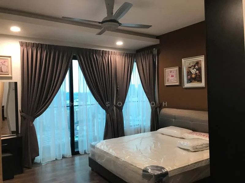 Bedroom features: queen-size bed, upholstered headboard, floor-to-ceiling windows, sheer curtains, blackout curtains, 3-blade ceiling fan, wooden flooring, framed artwork, dressing table, built-in wardrobe; style: modern; view: city.