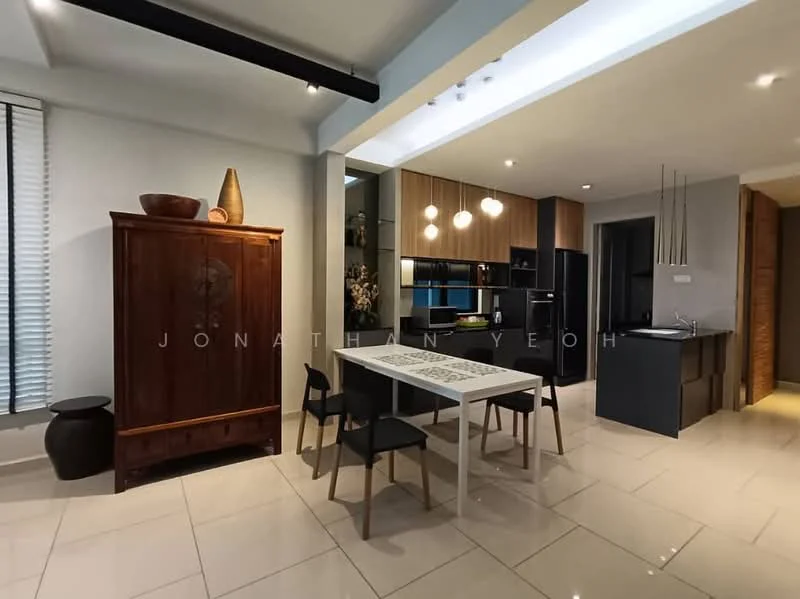 Kitchen features: white tiled flooring, grey cabinetry, black countertop, stainless-steel fridge, built-in oven, freestanding range oven, pendant lighting, dining table with white top, black dining chairs, wooden cabinet, decorative vase, wall-mounted shelves, window with blinds; style: modern.