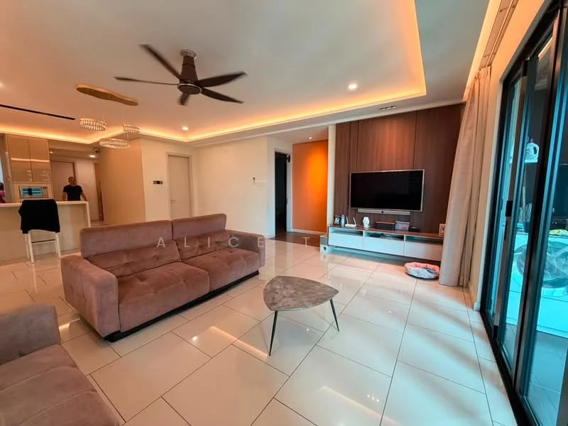 Living features: L-shape sectional sofa in beige, coffee table with marble top, wall-mounted TV, TV console with storage, recessed LED downlights, 5-blade ceiling fan with light, cream painted walls, white tiled flooring, floor-to-ceiling glass sliding doors, curtains, decorative wall paneling, area rug; style: modern.