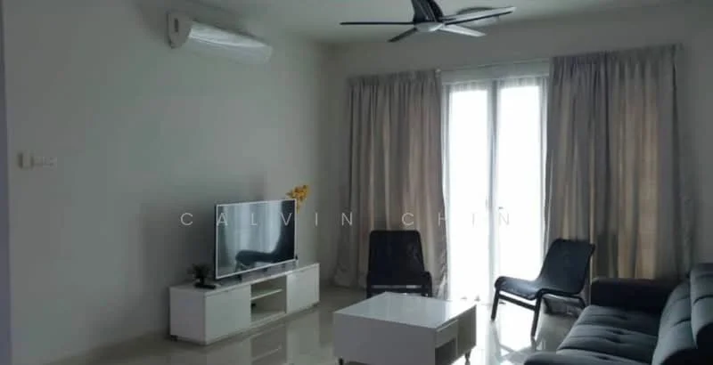 Living features: 5-blade ceiling fan with light, wall-mounted split AC, floor-to-ceiling windows, sheer curtains, grey fabric sofa, 2 black lounge chairs, white coffee table, TV console, wall-mounted TV, polished tile flooring, white painted walls, decorative plant on coffee table; style: modern.