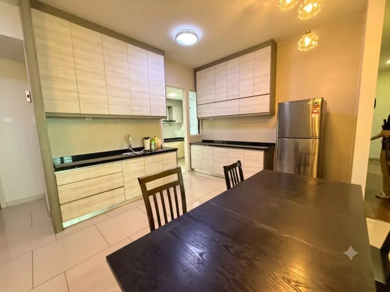 Kitchen features: light wood cabinetry, black granite countertop, stainless-steel fridge, single-bowl stainless-steel sink, chrome pull-down faucet, pendant lighting, tile flooring, open layout, dining table with wooden chairs; style: modern.