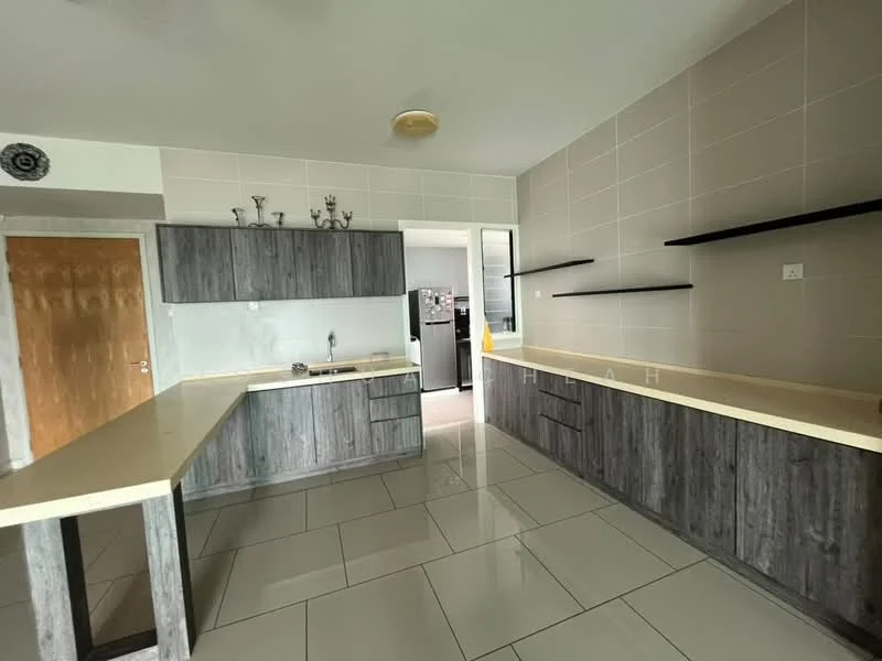 Kitchen features: grey wood cabinetry, white countertop, stainless-steel sink, chrome faucet, open shelving, tile backsplash, large floor tiles, recessed ceiling lights; style: modern.