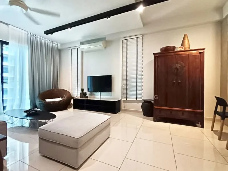 Living features: large beige sectional sofa, round coffee table with black top, wall-mounted flat-screen TV, dark wood cabinet, white tiled flooring, floor-to-ceiling windows, sheer white curtains, air conditioning unit, decorative dark vase, wooden accent chair, recessed downlights, ceiling fan; style: modern.