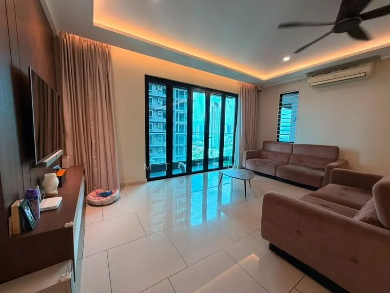 Living features: 2-seater fabric sofa in beige, 3-seater fabric sofa in beige, glass coffee table, wall-mounted TV, wooden TV console, floor-to-ceiling windows, sheer curtains, recessed LED downlights, ceiling fan, white painted walls, glossy tile flooring; style: modern; view: city.