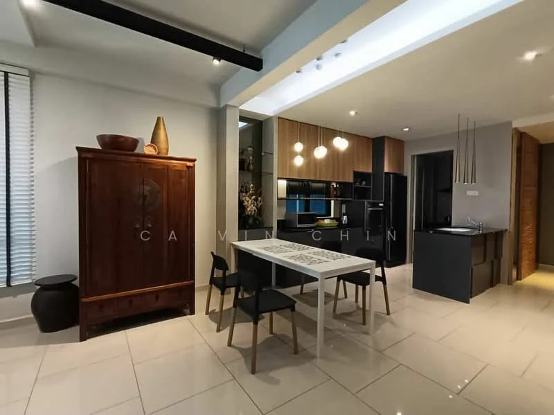 Kitchen features: white painted walls, grey cabinetry, black countertop, stainless-steel fridge, built-in oven, freestanding range oven, pendant lighting, dining table with white top, black dining chairs, ceramic tile flooring, wooden cabinet, decorative vase, open shelving; style: modern.