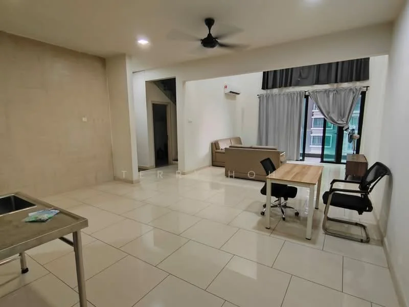 Living features: cream painted walls, white ceiling, 5-blade ceiling fan, large floor-to-ceiling windows, grey fabric sofa, wooden dining table, black dining chairs, tile flooring, curtains, wall-mounted air conditioning unit; style: modern. Room features: light grey wall, tile flooring.