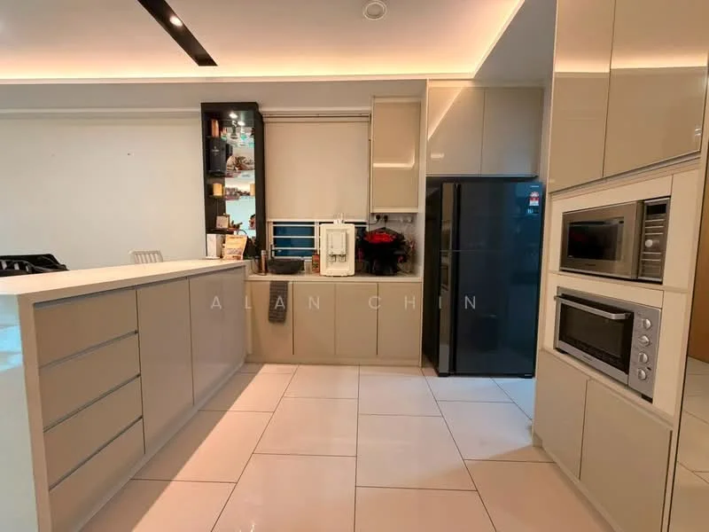 Kitchen features: white glossy cabinetry, marble countertop, built-in oven, microwave oven, stainless-steel fridge, ceramic tile flooring, recessed downlights, single-bowl stainless-steel sink, chrome pull-down faucet, open shelving, decorative plants, glass-front upper cabinets; style: modern.