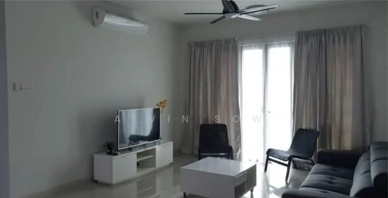 Living features: grey leather sofa, 2 black lounge chairs, white coffee table, wall-mounted TV, white TV console, floor-to-ceiling windows, sheer curtains, 5-blade ceiling fan with light, wall-mounted split AC, polished tile flooring, light grey painted walls; style: modern.
