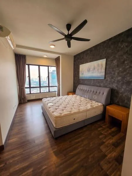 Bedroom features: king-size bed, upholstered headboard, wooden bedside tables, floor-to-ceiling windows, city view, grey accent wall, laminate flooring, 5-blade ceiling fan, air conditioning unit, curtains; style: modern; view: city.