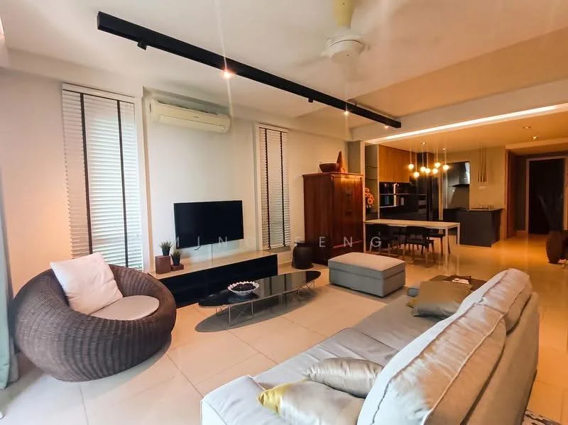 Living features: 3-seater fabric sofa in light grey, coffee table with glass top, TV console, wall-mounted TV, floor-to-ceiling windows, roller blinds, ceiling fan with light, decorative wall art, area rug, wooden cabinet, light-colored tile flooring, open layout to kitchen, accent chair in woven material; style: modern.