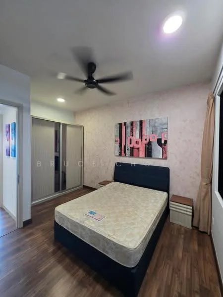 Bedroom features: queen-size bed, upholstered headboard, wooden bedside tables, built-in wardrobe with sliding doors, framed artwork on wall, ceiling fan, recessed ceiling lights, laminate flooring, window with curtain; style: modern.