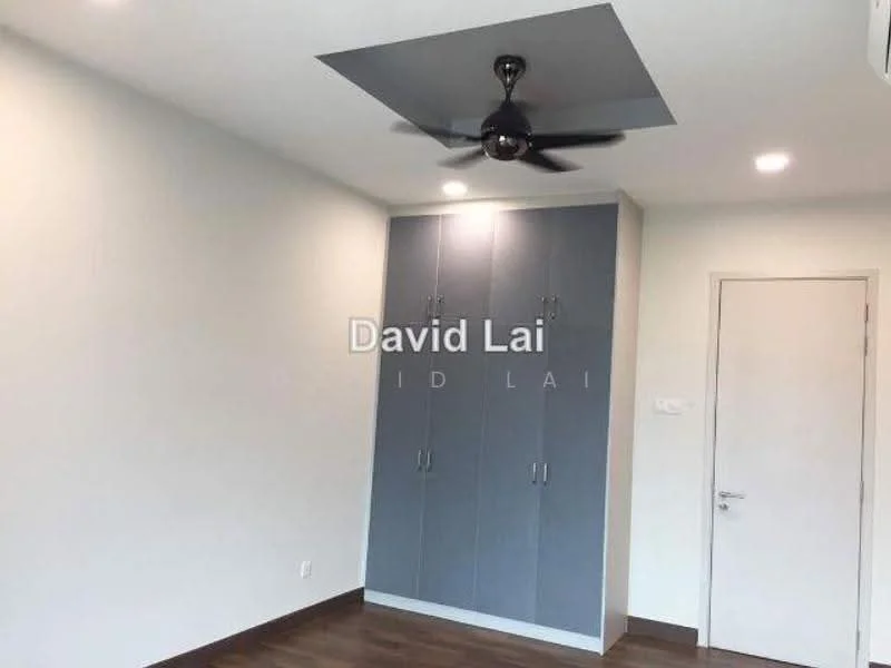 Room features: grey built-in wardrobe with multiple doors, wooden flooring, white painted walls, tray ceiling, ceiling fan, recessed lighting, door with handle, air conditioning unit; style: modern.