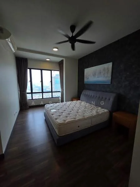Bedroom features: king-size bed, upholstered headboard, 2 bedside tables, floor-to-ceiling windows, city view, grey accent wall, light wood flooring, 5-blade ceiling fan, wall-mounted air conditioning unit, curtains, decorative artwork; style: modern; view: city.