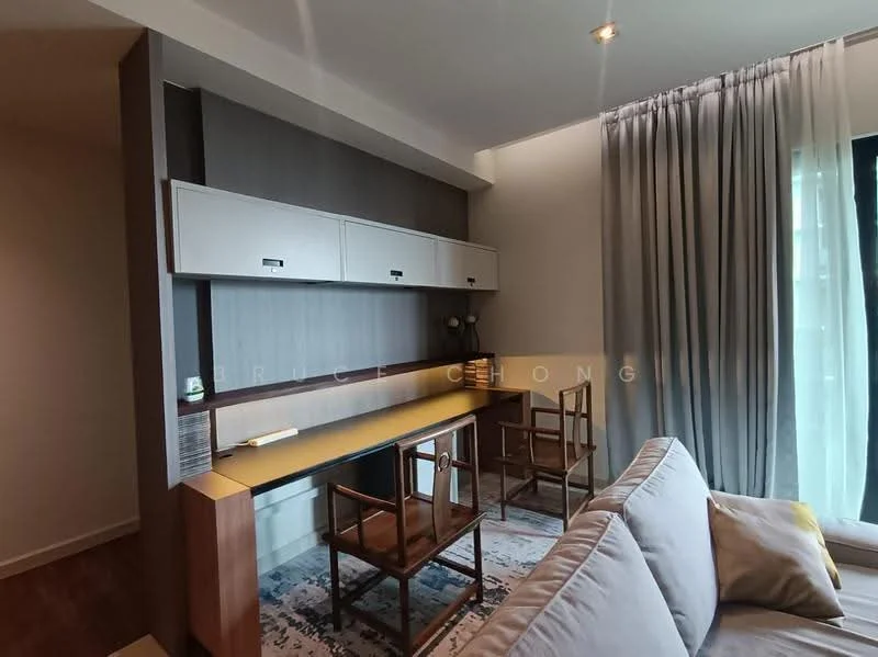 Study features: wooden flooring, grey painted walls, built-in cabinetry with upper storage, desk with light wood finish, two wooden chairs, large window with sheer curtains, decorative area rug, recessed downlights; style: modern.