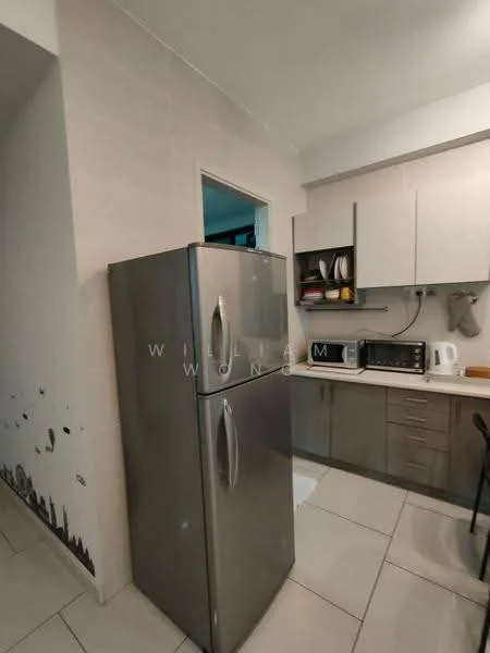 Kitchen features: stainless-steel fridge, built-in microwave, countertop with sink, grey cabinetry, ceramic tile flooring, wall-mounted shelves, kettle, toaster, white walls, light fixtures; style: modern.