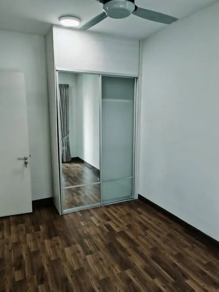 Bedroom features: wooden flooring, white painted walls, sliding mirror wardrobe, ceiling fan, curtains, light fixture; style: modern.