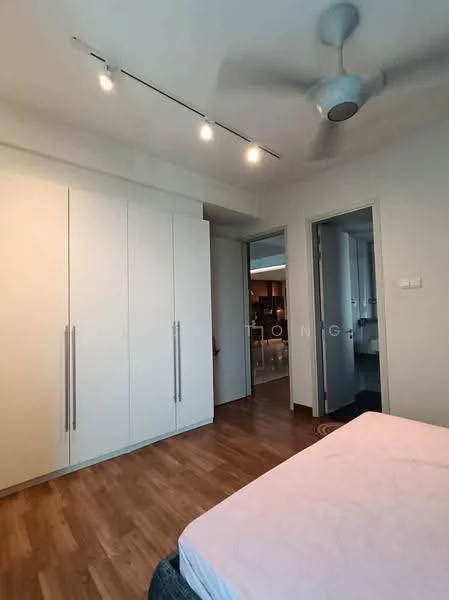 Bedroom features: wooden flooring, white painted walls, built-in wardrobe with sliding doors, recessed ceiling lights, ceiling fan, door leading to another room, window with natural light; style: modern.